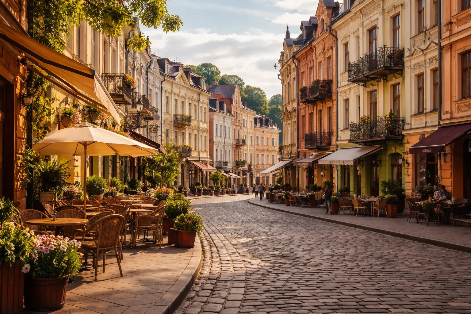 Rue pavée de Kyiv bordée de façades colorées et de terrasses de café