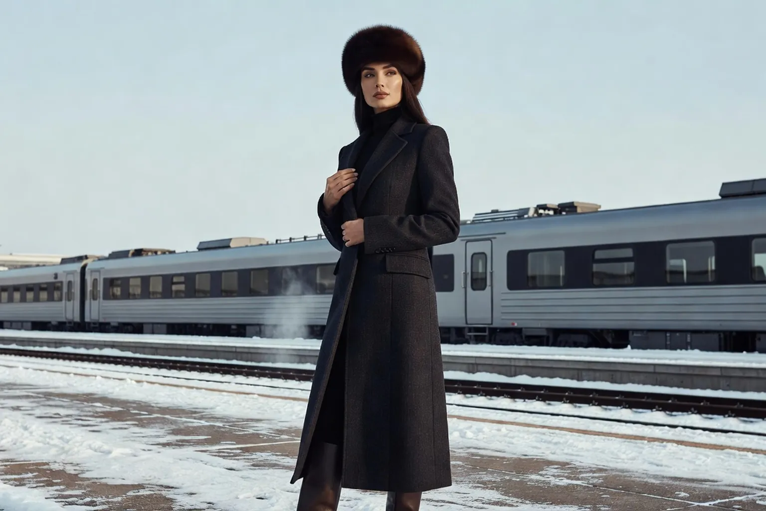 Voyageuse élégante en manteau sur le quai enneigé d'une gare russe