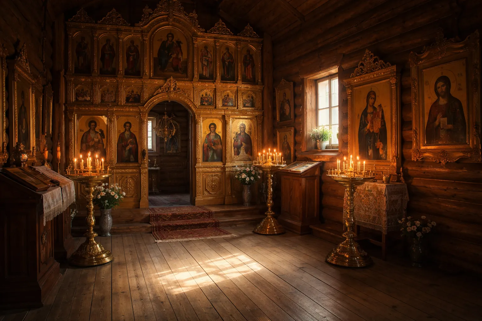 Intérieur d'une église orthodoxe en bois, murs couverts d'icônes, lumière de bougies sur un plancher clair
