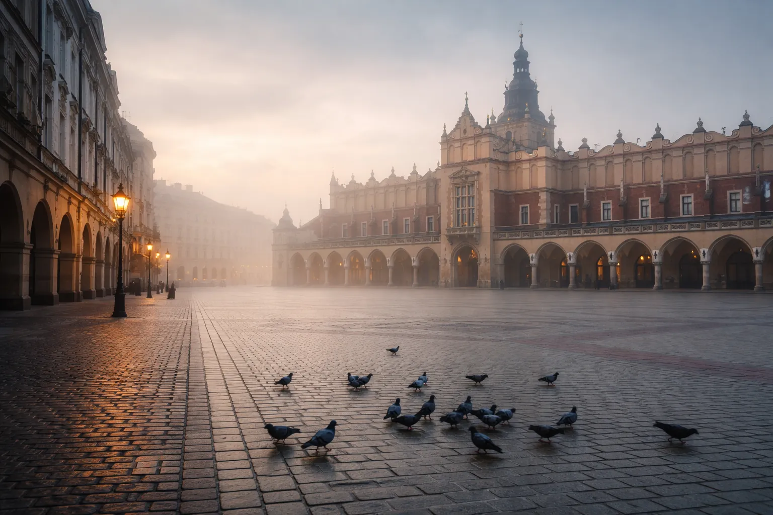 Place du Marché de Cracovie à l'aube, halle aux draps dans la brume, pavés humides et pigeons