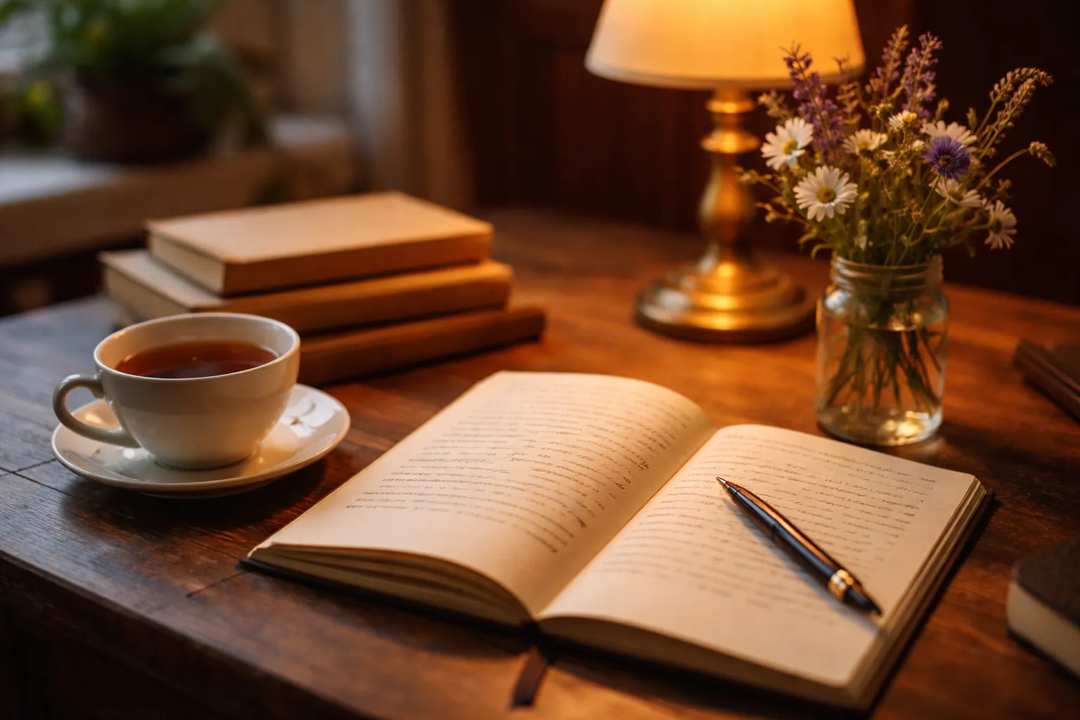 Bureau d'écrivain éclairé par une lampe : carnet ouvert, stylo, tasse de thé et petit bouquet de fleurs des champs