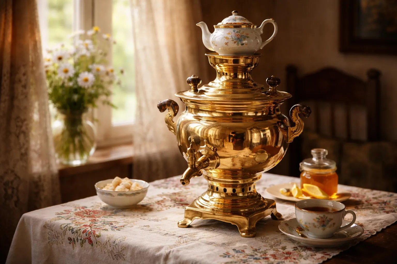 Samovar de laiton surmonté d'une petite théière en porcelaine, sur une table à nappe brodée.