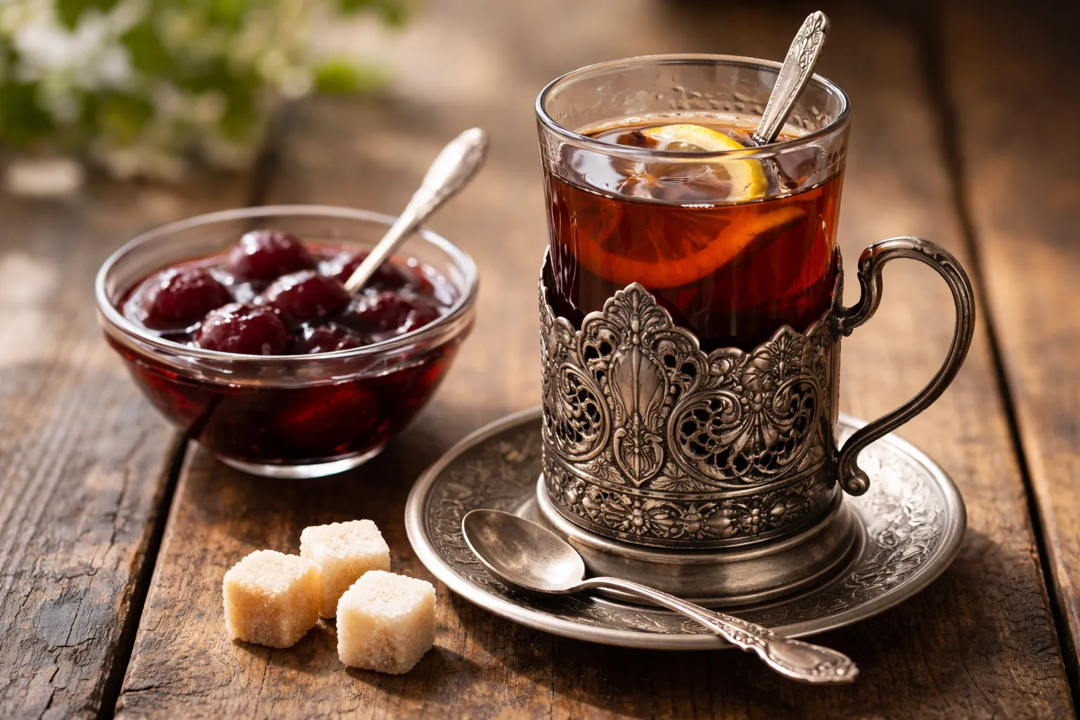 Verre à thé dans son support métallique ciselé, avec un bol de confiture de cerises et des sucres.