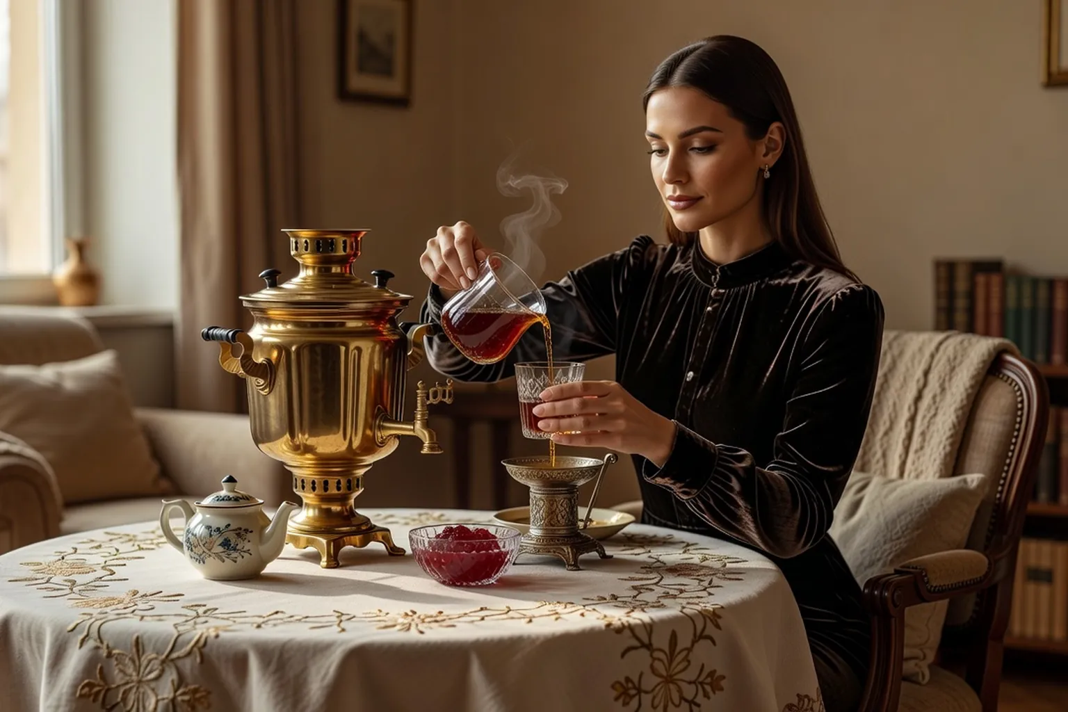 Femme élégante servant le thé depuis un samovar en laiton dans un salon aux boiseries