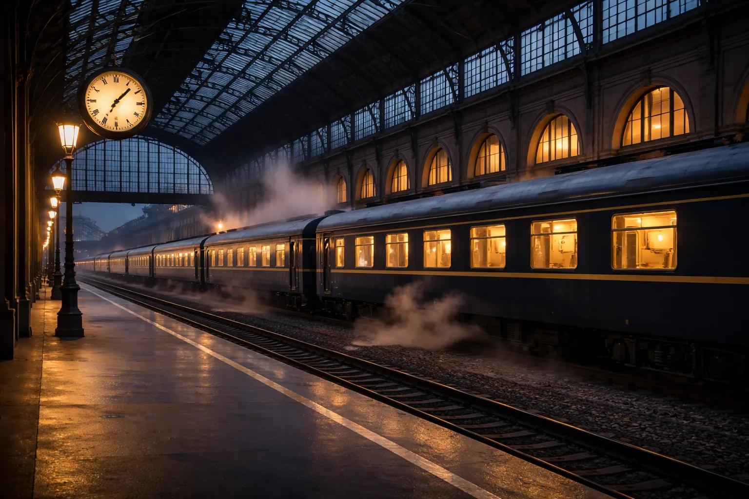 Train de nuit bleu sombre à quai dans une grande gare d'Europe centrale, fenêtres éclairées et horloge de gare