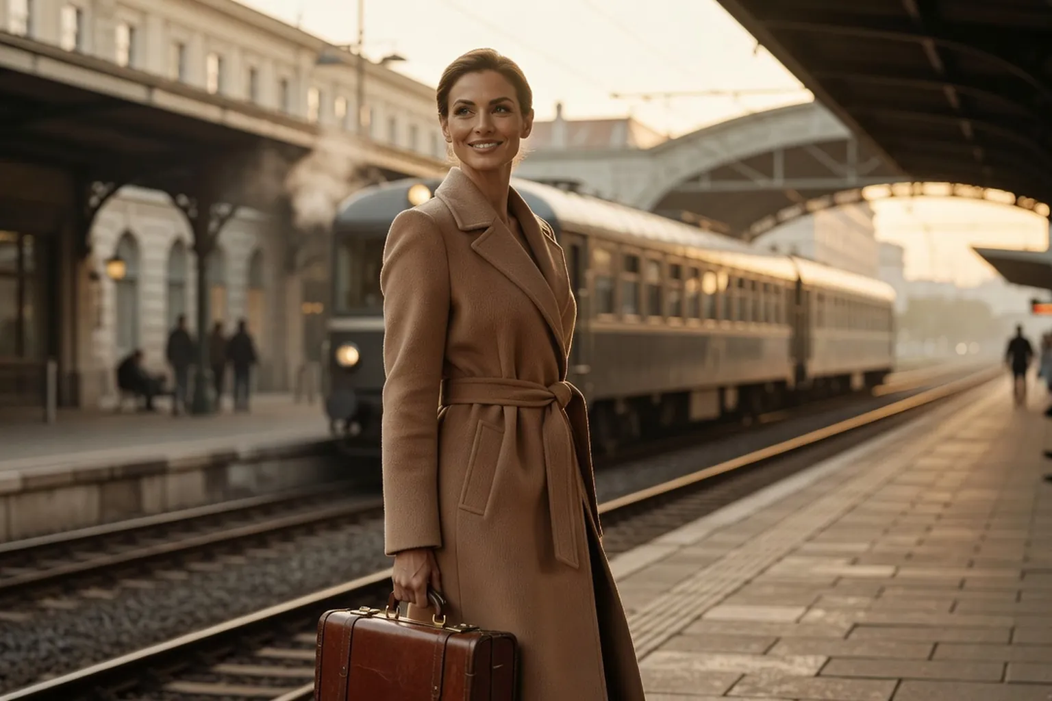 Voyageuse en manteau camel sur un quai de gare à l'aube, valise en cuir à la main, un train arrive derrière elle