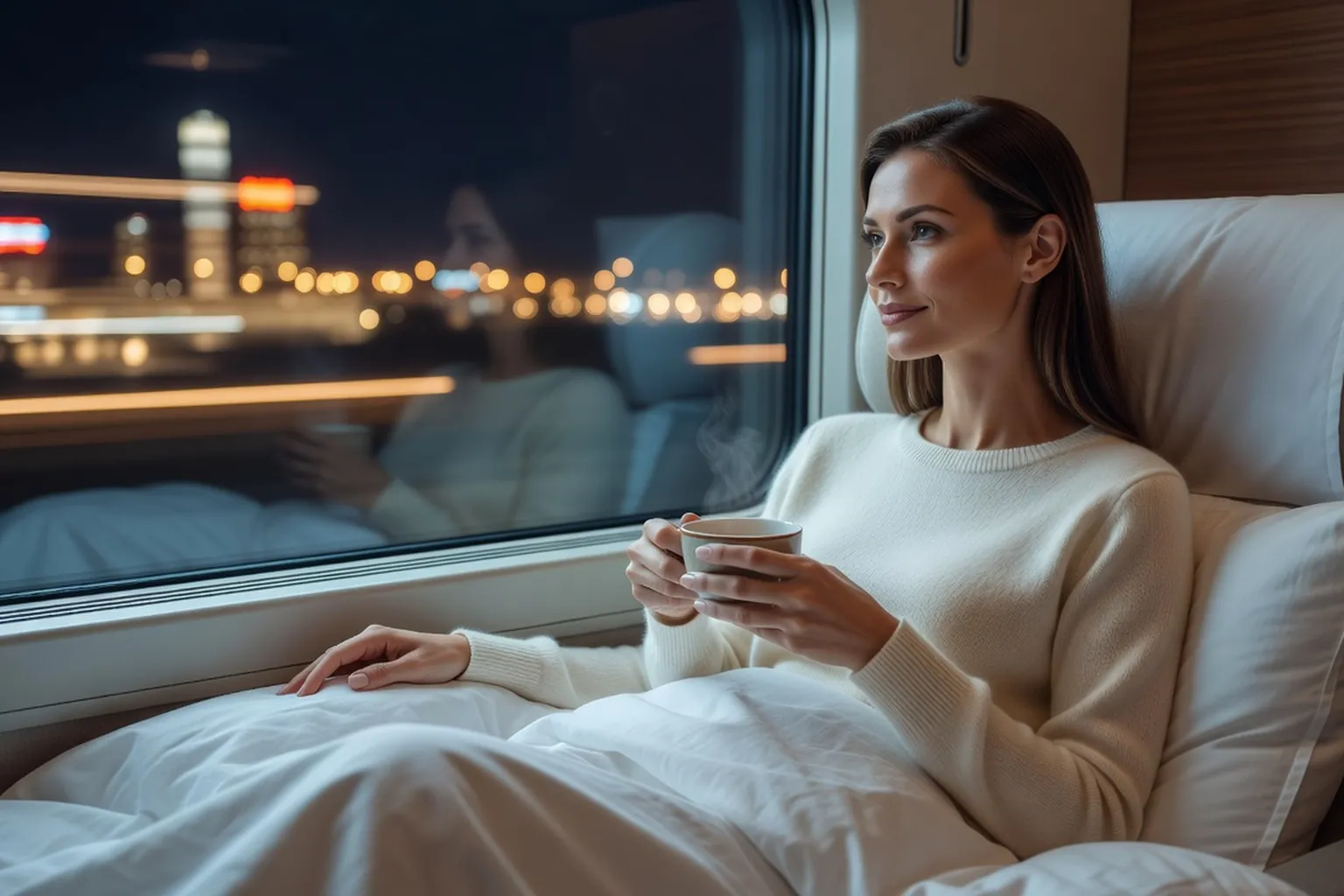 Voyageuse élégante assise dans un compartiment de train de nuit, une tasse de thé à la main, la nuit défilant derrière la vitre