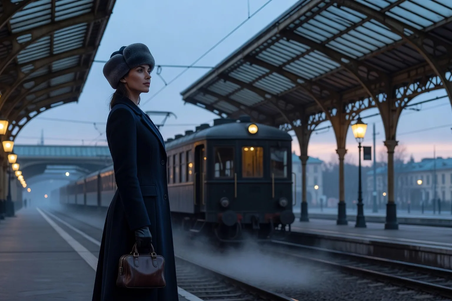 Une voyageuse en long manteau d'hiver et chapka attend sur un quai de gare européen à l'aube, sous les lampes ambrées.