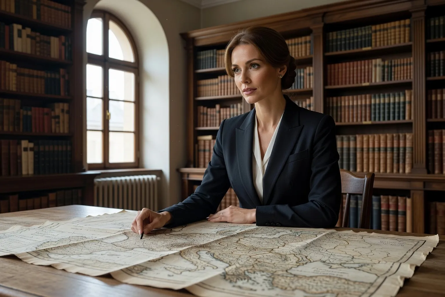 Une historienne consulte de grandes cartes anciennes de l'Europe dans une salle d'archives