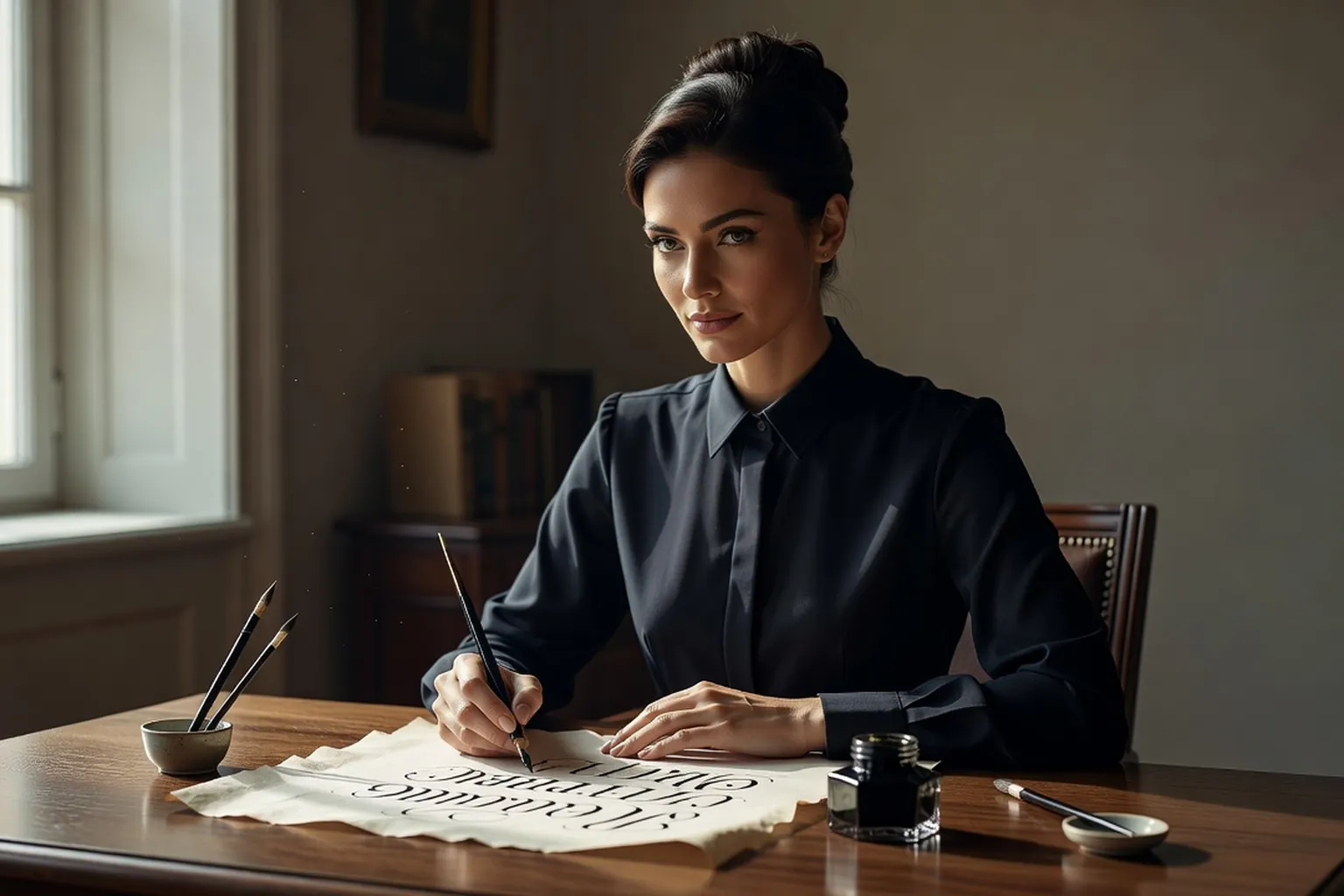 Femme calligraphiant des lettres cyrilliques à la plume sur un papier ancien