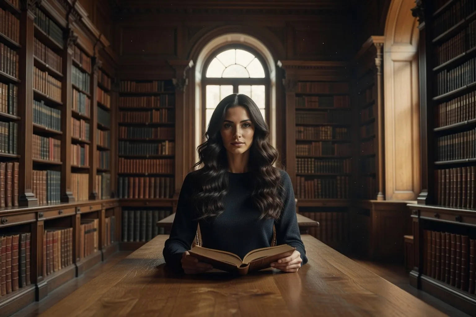 Lectrice dans une bibliothèque ancienne aux rayonnages de bois, un livre ouvert entre les mains
