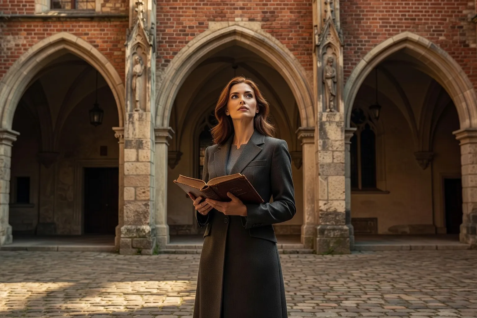 Étudiante devant les arcades d'une cour de l'université de Cracovie, un livre à la main
