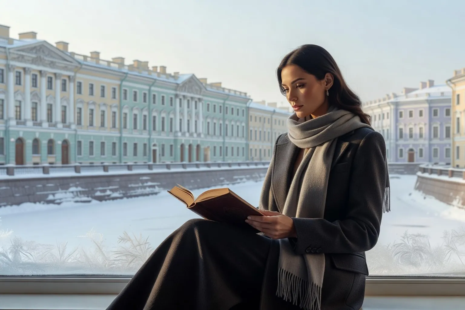Jeune femme lisant un livre près d'une fenêtre givrée, avec les façades pastel de Saint-Pétersbourg enneigées en arrière-plan