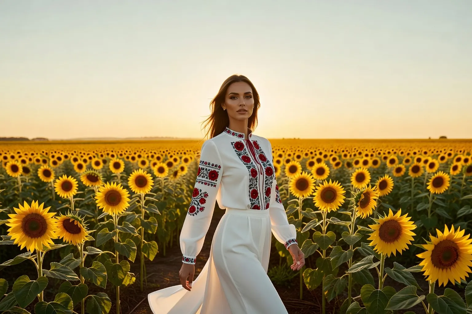 Une jeune femme en chemise brodée vychyvanka marche dans un champ de tournesols au crépuscule