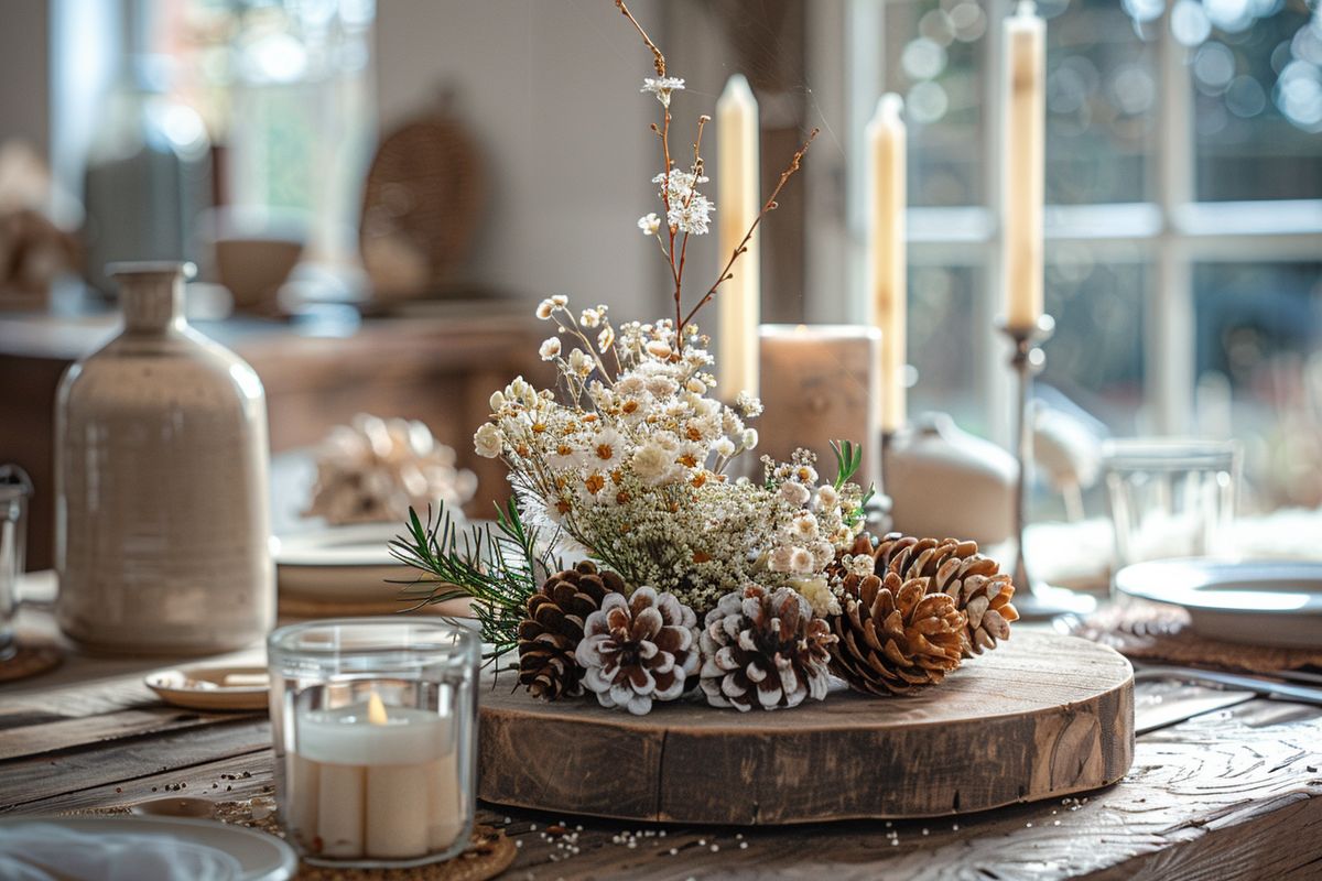 Rustic centerpiece with branches, pine cones, and dried flowers on table.