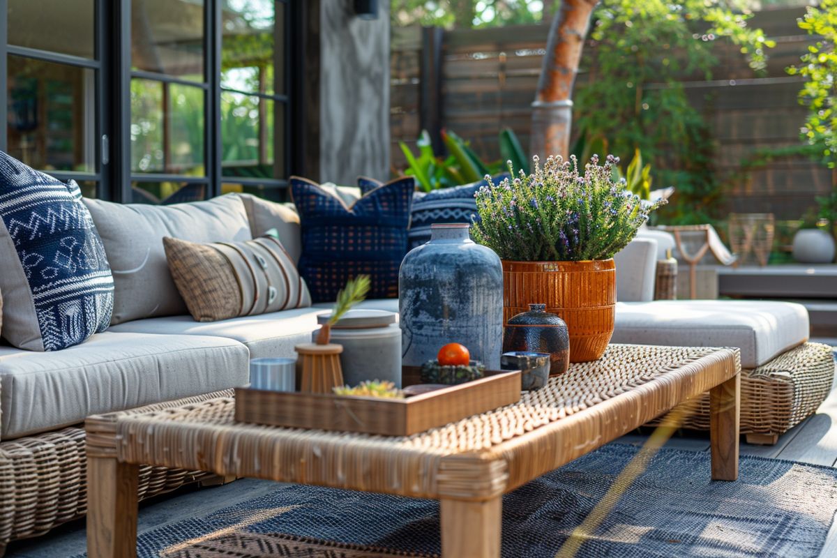 Selection of furniture and accessories to create a cozy outdoor retreat.