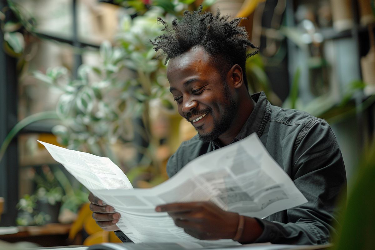 Man smiling proudly while looking at a list of accomplished goals.
