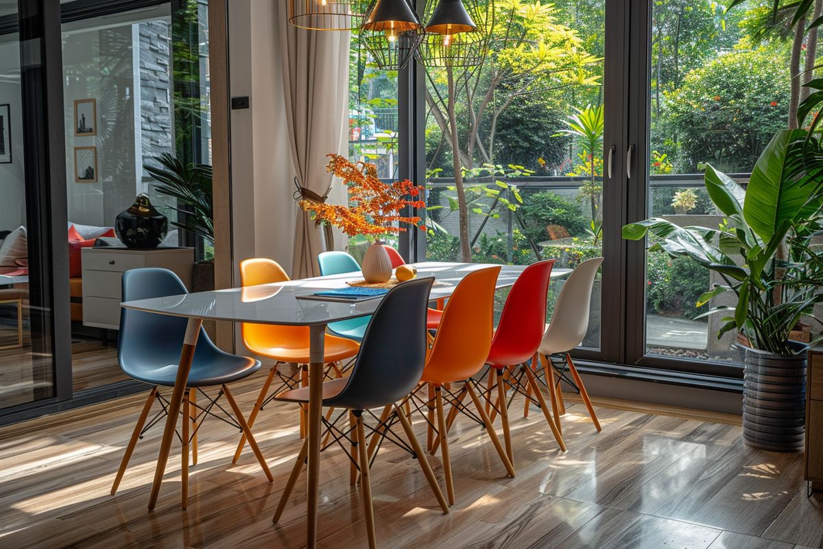 A stylish dining area with Kartell chairs adding a pop of color.